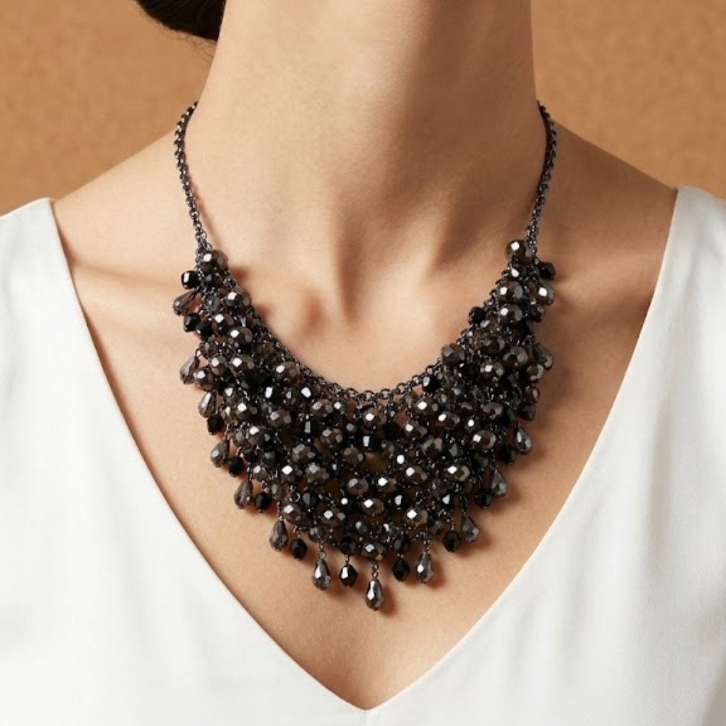 Black Crystal Bib Statement Necklace Elegant Beaded Evening Necklace 27$
